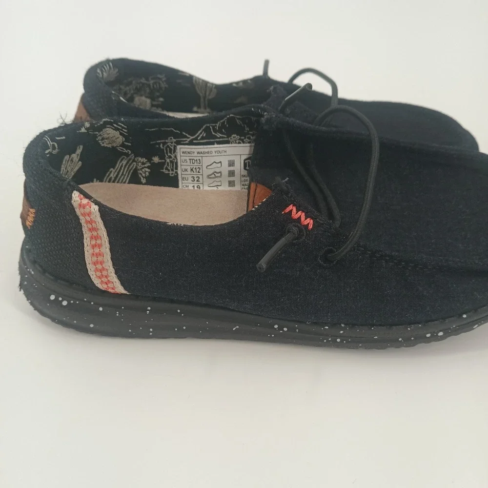Hey Dude Wendy Washed Youth Black Canvas Slip On Loafers Shoes Size 13 Toddler